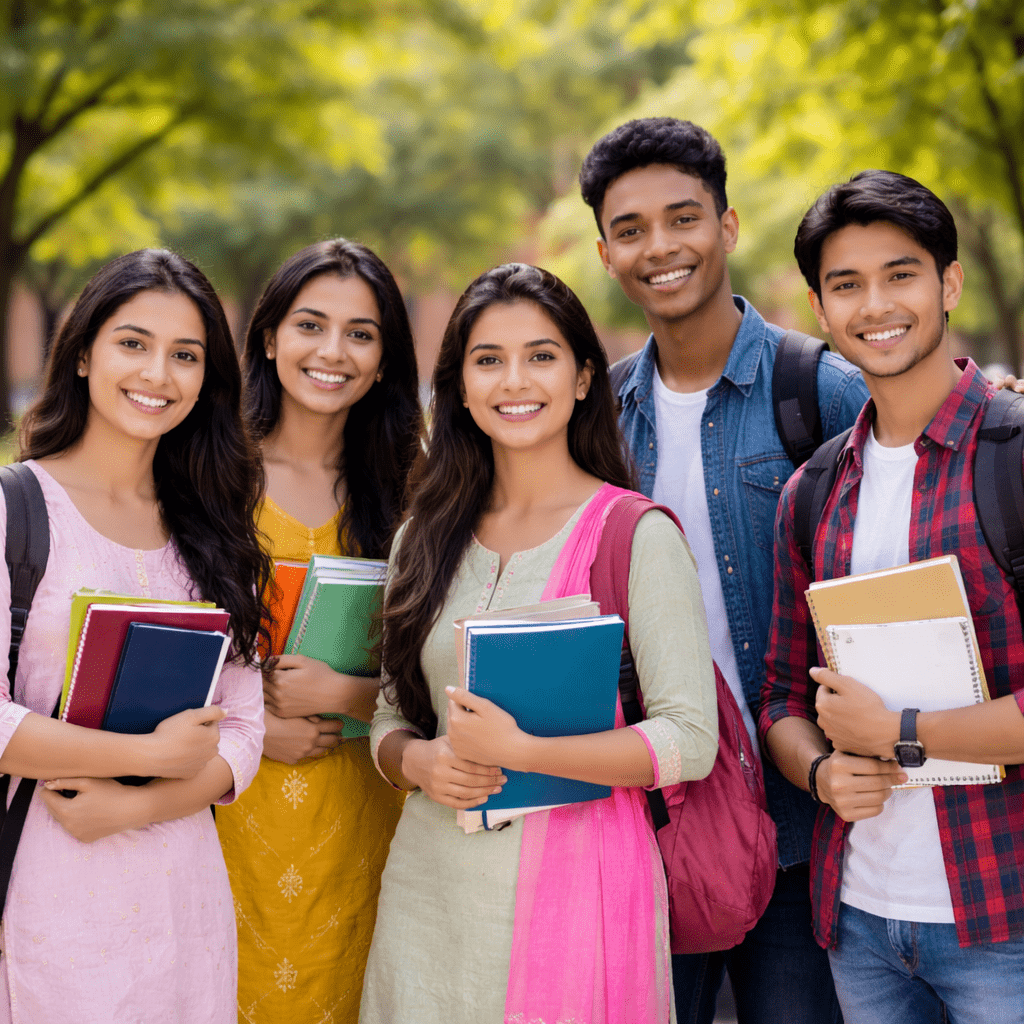 college friends on a green campus